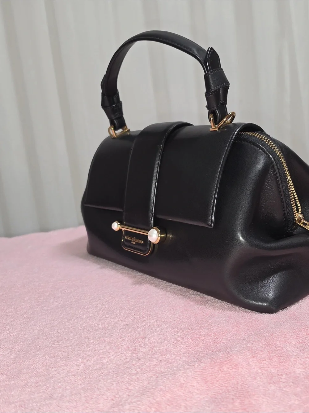 Karl Lagerfeld Black Leather Satchel with Pearl and Gold Accents - Picture 11 of 13
